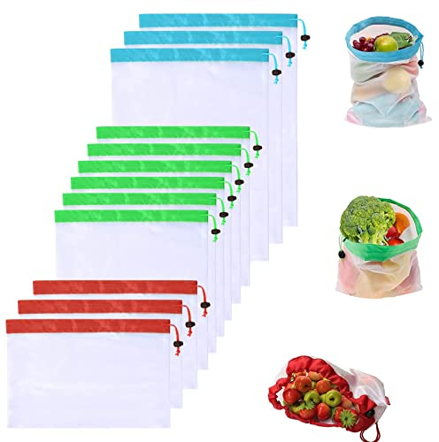 12 Reusable Mesh Produce Bags – Colourful Eco-Friendly Storage Solutions for Fruits, Vegetables & Groceries, Durable Washable Nets in Assorted Shades (Set of 12, Red/Green/Blue)