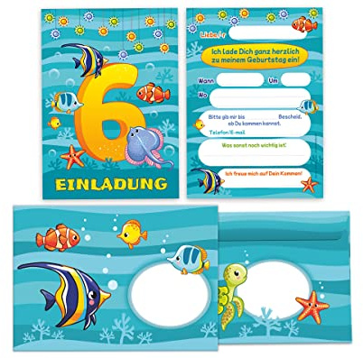 Junapack 12 Einladungskarten incl. 12 Umschläge zum 6. Kindergeburtstag sechste Geburtstag Jungen Mädchen Fische
