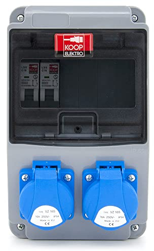 KOOP Elektro Verdrahtet Baustromverteiler Stromverteiler Wandverteiler mit Sicherungen und Schuko Steckdosen 2x230V + 2x Leitungsschutzschaltern C16 1-polig, IP54, für Indoor/Outdoor-Bereich