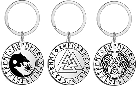 VASSAGO Wikinger Runen Schlüsselanhänger 3 Stück Edelstahl Münze Anhänger Keltisches Symbol Wolf Rabe Hrunger Herz, Standard