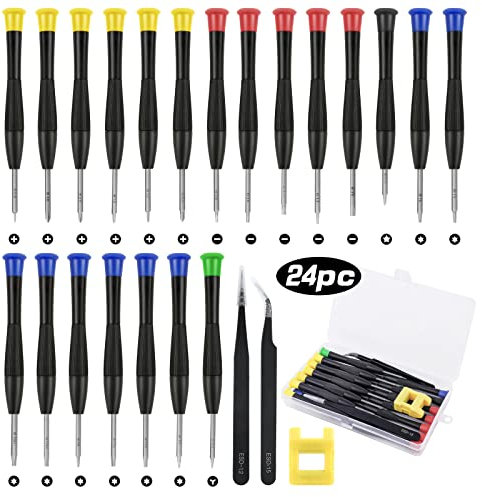 Flintronic Mini Schraubenzieher Set, 24 Stück Brillen Schraubendreher, 21 Uhrmacher Schraubendreher mit 2 Pinzette 1 Magnetisierer und Kiste, Feinschraubendreher Komme für PS4 Brillen Uhren Jeweller