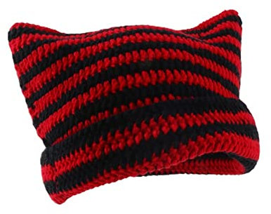 SLGE Y2k Gothic Knitted Cat Ear Little Devil Hat Women Kawaii Winter Handmade Beanie Female, Crochet Hats for Women Cat Beanie Vintage Beanies (Black+Red)