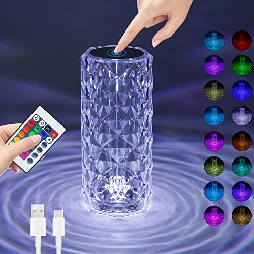 Mursche Tischlampe LED Nachttischlampe Kabellos - Touch Dimmbar Tischleuchte Kristall Aufladbar USB Lamp RGB Schlafzimmer Fernbedienung 16 Farben Nachtleuchte Modern Beleuchtung Nachttischleuchte