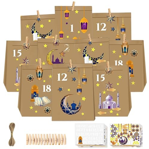 30 Stücke Eid Mubarak Geschenktüten, Ramadan Kalender zum Befüllen Bedruckte Kraftpapiertüten, DIY Ramadan Candy Tasche für Islamischen Muslim Eid Party mit 36 Clips, Aufkleber, 2mm * 10m Schnur (A)