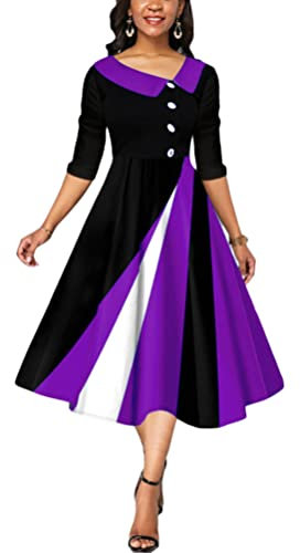 shownicer Robe Femme Mi Longue de Cocktail Soirée Bal Cérémonie Pin Up pour Fête Mariage Anniversaire avec Manches 3/4 Col V A Violet S