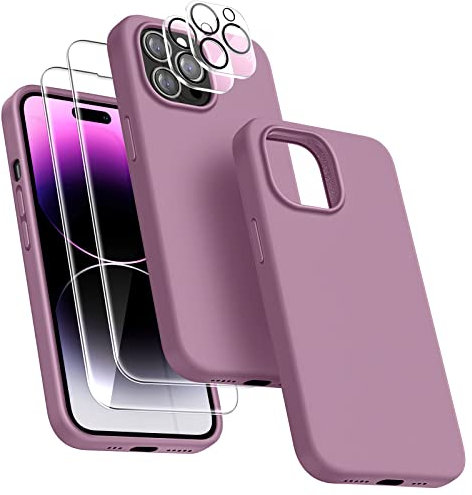 Dssairo [5-in-1 für iPhone 14 Pro Max Hülle 6,7, mit 2 Displayschutzfolien + 2 Stück Kameraobjektivschutz, Flüssigsilikon, schmal, stoßfest, Mikrofaser-Futter (Lila Lila)