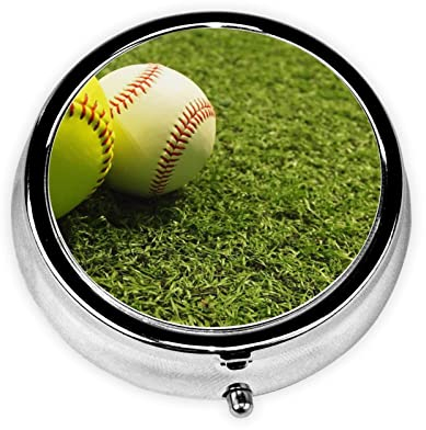 Gras Baseball Softball Runde Pillendose Mini Tragbare Pillendose Geeignet für Zuhause, Büro und Reisen