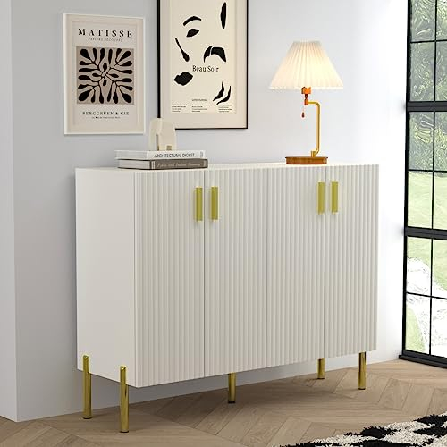 PREMTURE Buffet Commode, Buffet Cuisine,Meuble Cuisine Rangement, Meuble de Cuisine et 4 Portes, 6 étagères réglables, pour Salon, Salle à Manger, entrée, Cuisine, Couloir, Blanc, 41 x 120 x 95 cm