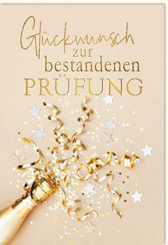 KE - Knallige Glückwunschkarte zur bestandenen Prüfung mit Umschlag, Karte zum Schulabschluss, DIN B6 176x125mm, Motiv: Sekt mit Konfetti