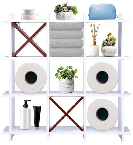 Noa Store Tic Tac Toe Taschentuchrollenregal – Wand-Toilettenpapieraufbewahrung – Hängender Taschentuchhalter – rustikales Wandregal für Badezimmer – dekoratives Holzregal – Weiß mit braunem Kreuz