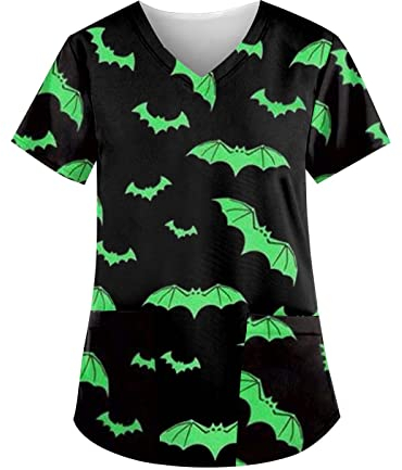 Scrubs Damene Boxy Mit Taschen Dünne Scrubs Kurzarm Sommer Loungewear V Ausschnit Hemdbluse Damen Weich Neuheit Cat A-Linie Grün