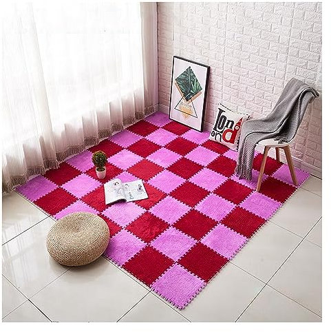 10 Stück Ineinandergreifende Teppichfliesen, Zottelige Weiche Schaumstoffmatten, Flauschige Teppiche, Bodenfliesen, Yoga-Übungs-Spielmatten Für Zuhause, Schlafzimmer, 30 X(Color:Lila+ Rot)