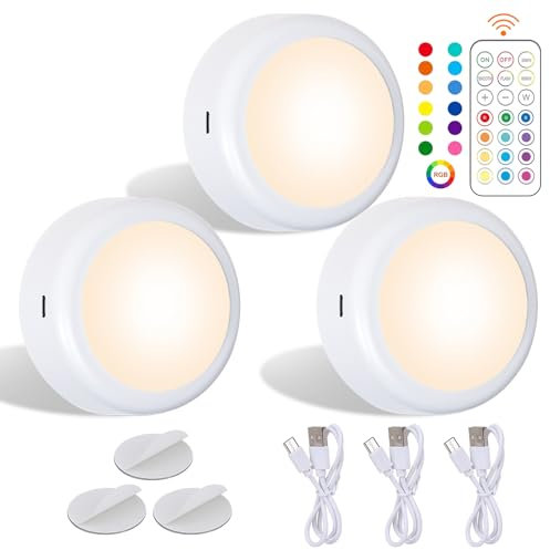 Sgizoku Rechargeable RGB Puck Lights with Remote,Battery Operated Push Light,600mAh USB Chargable Dimmable Touch Under Cabinet Kitchen Lights Magnetic Spot Light for Cupboard Closet Shelf