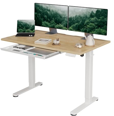 INNOVAR Höhenverstellbarer Schreibtisch aus Echtholz mit Schublade 120x60, Elektrischer Stehschreibtisch mit Einteilige Tischplatte, Computertisch Sitz/steh mit Memory Funktion, Beige