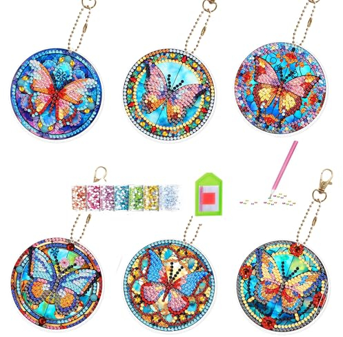 VIGTNG Diamond Painting Schlüsselanhänger, 5D DIY Doppelseitige Rhinestone Pasted Diamant Malerei Schlüsselbund, Für Jungen, Mädchen, Weihnachten (Schmetterling)