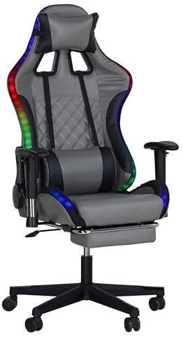 Totò Piccinni Sedia Gaming REMBOGAME con led Rgb integrati Ergonomica Reclinabile Girevole con cuscini in similpelle (Grigio Led)