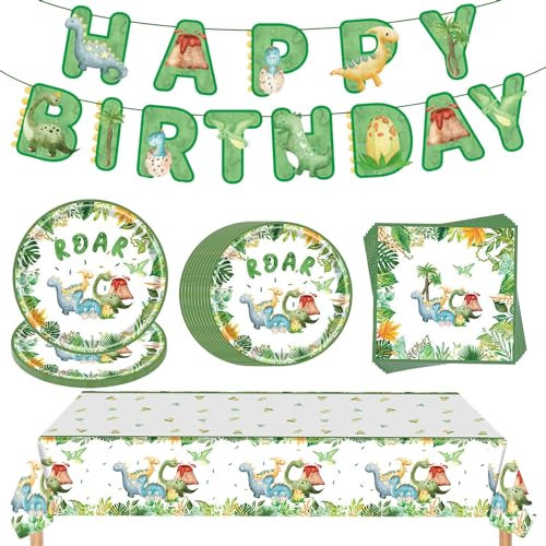 YHUIKXIN Decoration Anniversaire Dinosaure, Kit Dinosaure Vaisselle Anniversaire, Assiettes Papier, Serviettes, Banderoles, Nappes (20 Invités)