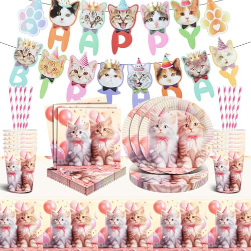 Katze Deko Kindergeburtstag,Katzen Deko Geburtstag Mädchen,Katzen Partygeschirr Kit mit Servietten Teller Tischdecke Banner,Haustier Geburtstagdeko Jungen,Katzenmotiv Party Dekoration