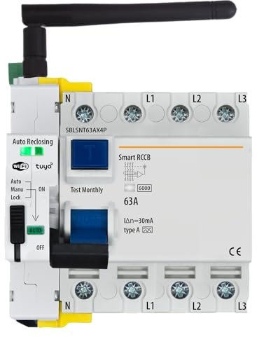 Dreiphasiger FI-Schutzschalter 30mA Typ A & AC 63A 42kW - Automatisches Wiedereinschalten - Manuelle Steuerung und ON/OFF Zeit-/Tagesprogrammierung via Tuya Wi-Fi App - RCCB-zertifiziert EN 61008-1