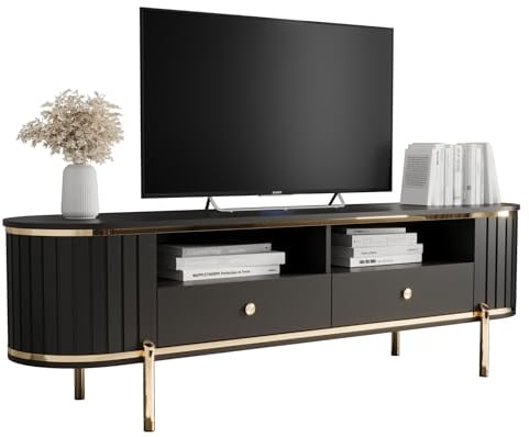 MEBLE KRYSPOL - New York - TV Möbel - Unterschrank - TV-Halterung - Aufbewahrungsmöbel für Wohnzimmer - Moderne Unterschränke - Industrielle TV-Möbel - 50,5x181x40 cm - Schwarz, Gold