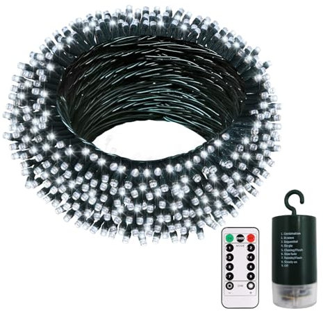 DBFAIRY Guirlande lumineuse à piles, 20 m, 200 LED, avec 8 modes, minuterie, câble vert, étanche, éclairage de Noël pour l'intérieur, Noël, jardin, mariage, fête (blanc)