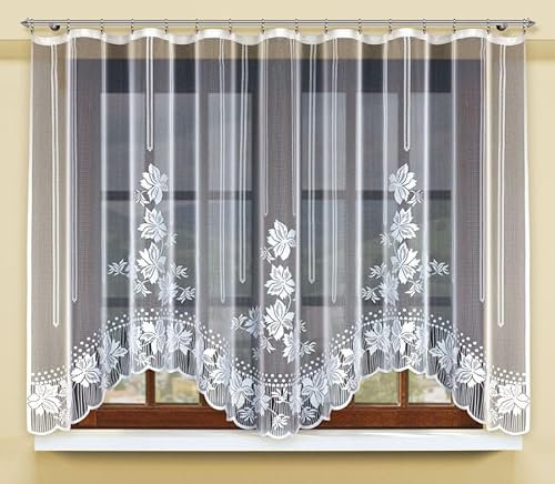 Gardinen Vorhangen Weiß 300x150 cm (BxH) Prmera Stores Gardinen mit Kräuselband Kurz Jacquard Scheibengardine Wohnzimmer Vorhänge Fertiggardine Küchengardinen Bogen Kurzstores Blumen Muster