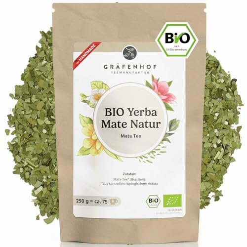 Yerba Mate Tee Bio, Das Original, 250g loser Matetee, hoher Koffeingehalt, ungeröstet, luftgetrocknet, im Labor analysiert, Mateblätter in Deutschland abgefüllt, Gräfenhof Premium Qualität