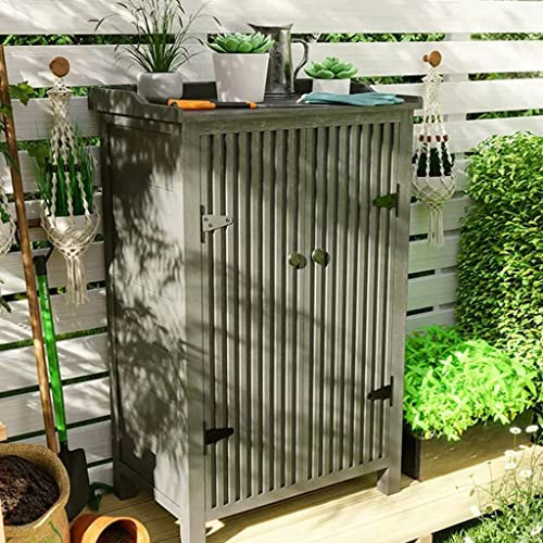 Holzlager-Gartenhaus mit 3-stöckigen Regalen, Outdoor-Garten-Werkzeug-Deckbox, vertikaler Aufbewahrungsschrank – abschließbarer Terrassen-Werkzeug-Aufbewahrungsschrank für Hof, Terrasse, Veranda,