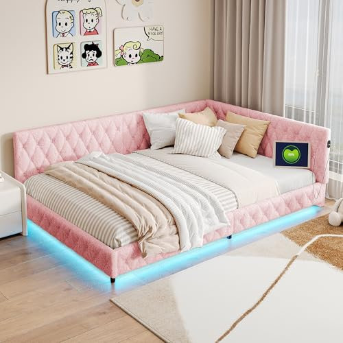 LONELYO Lit 140x200 cm Rose en Velours Teddy avec Sommier, Coffre de Rangement, Éclairage LED et Port USB, Lit Capitonné Moderne pour 2 Personnes, sans Matelas