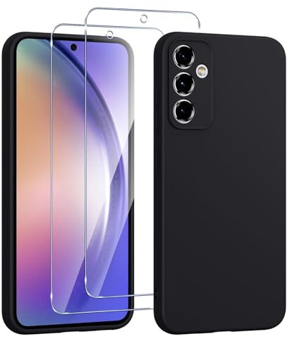 Viojrlra Coque Silicone pour Samsung Galaxy A54 5G avec 2 Pièces Verre Trempé, Protection Complète du Corps au Toucher Soyeux, Housse Etui de Protection en TPU Souple, Antichoc Anti-Rayures, Noir