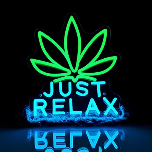 JUST RELAX – Panneau néon LED (35,6 x 30 cm) – Lumière verte en forme de feuille de cannabis pour bar, salon et maison | Applique murale décorative alimentée par USB