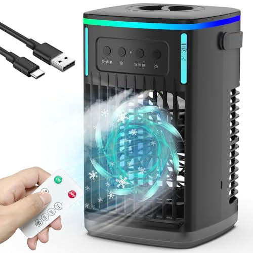 iFeiFan Aire acondicionado portátil con control remoto, aire acondicionado portátil 4 en 1 con tanque de agua de 1500 ml, 3 velocidades de viento, temporizador de 6 horas, 2 niebla fría, 7 luces, mini