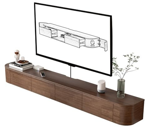 HYANXUE Floating TV Unit, Mounted TV Stand with Flip-Down Doors & Side door, Storage TV Bench Under TV for Bedroom Livingroom (Brown, 180CM)