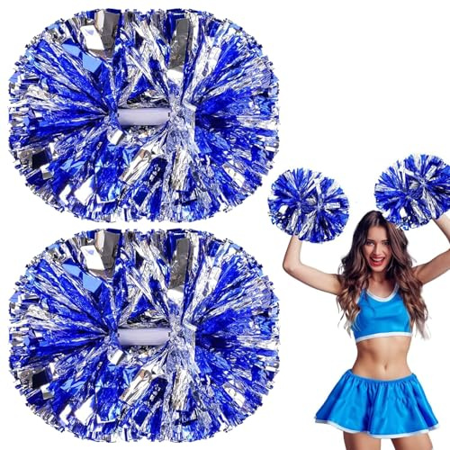 Noaxylic 2 Pompons Cheerleading 32cm Metallisch Blau Silber Sport Tanz | Metallische Cheerleader Pompons mit Griff für Sport Wettbewerb Tanz Karnevalspartys Teamgeist Schule Veranstaltungen