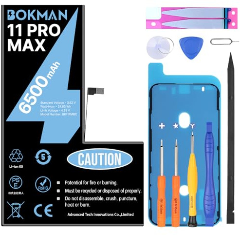 bokman Akku für iPhone 11 Pro Max, Hohe Kapazität 6500 mAh Lithium-Polymer-Akku mit professionellen Werkzeug-Sets