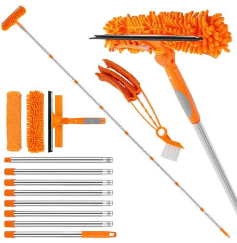 Wellehomi 10.5Ft(3.2m) Window Cleaning Equipment with Extension Pole Orange | Window Squeegee Cleaner Kit with Venetian Blind Brush, 3Pcs Microfiber Scrubber Washing Kit for Home, Shower Glass, Car, RV