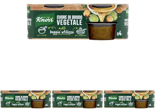 Knorr Cuore di Brodo Vegetale, Pronto da Diluire, con Verdure da Agricoltura Sostenibile, Ricetta Vegana, Senza Glutine, Senza Glutammato*, Senza Conservanti, 4 Vaschette da 28g (Confezione da 4)