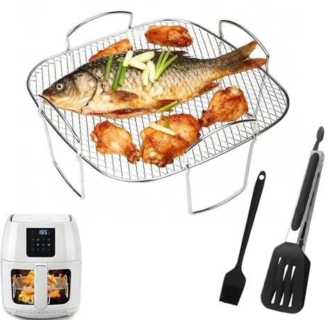 3 Stück Gitter für Heißluftfritteuse, 304 Edelstahl Airfryer Rack Multifunktional Grillrost Airfryer Zubehör mit Grillzange Silikon Backpinsel kompatibel mit den meisten Air Fryer