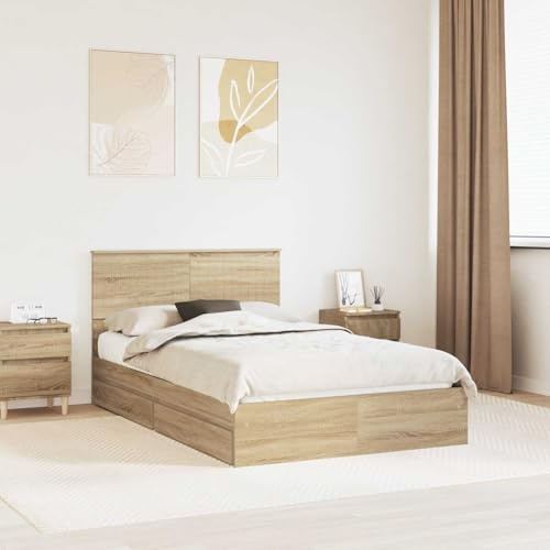 sephironlbb Modernes Stauraumbett Sonoma-Eiche 120x200cm, Holzwerkstoff-Konstruktion, mit Lattenrost, Kopfteil und Schubladen, ideal für Schlafzimmer
