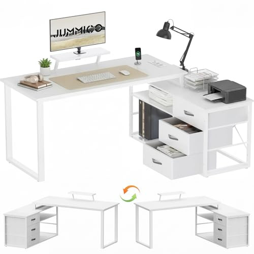 JUMMICO Schreibtisch mit Schubladen, 140 x 100 cm Eckschreibtisch, L Form umkehrbarer Schreibtisch, mit 3 Schubladen und Stauraum, mit Steckdose und USB-Ladeanschluss (Weiß, 140 x 105 cm)