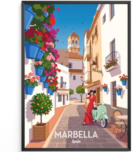 MJ-GRAPHICS® Kunstdruck Marbella Stadtbild Poster mediterran Wandbild lebendig Farben Deko Wohnzimmer Spanische Flair Bilder Vintage Charme Wanddeko Retro A4 ohne Rahmen