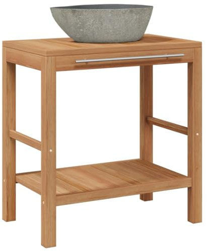 XHNIFBN Lavabo con lavabo de piedra de río, muebles de baño de madera maciza de teca, armario bajo lavabo con barra de toalla, juego de muebles de baño para el baño, 74 x 45 x 75 cm