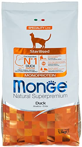 Monge Natural Superpremium Monoprotein STERILISED Duck, Trockenfutter für sterilisierte Katzen (Futter aus Ente, niedriger Fettgehalt, hochwertige Rezeptur, ohne Zusatz von Farbstoffen, 1,5 kg)