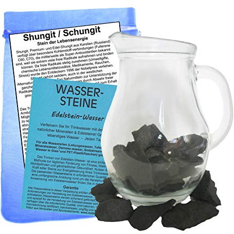 Schungit (Shungite) WASSERSTEINE für EDELSTEINWASSER - EDELSTEINE zum WASSER energetisieren mit 1L Glaskrug. 4-tlg SET für Lebensenergie & Antioxidantien (Fullerene). Mit ANLEITUNG. 95500-24