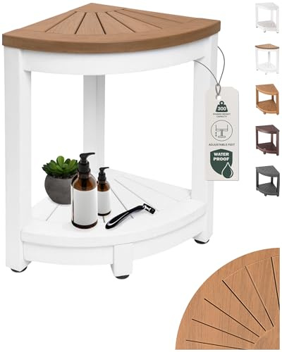 ROHKEX Waterproof Corner Shower Stool - Pack of 1, White & Brown - Stable Shaving Stool for Legs - Easy Assembly Plastic Shower Bench Seat - Non-Slip Feet, Gifts Idea for Home, Corner Bench Seat
