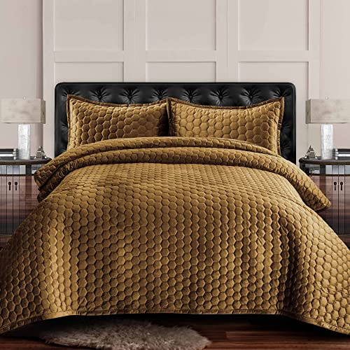 Tribeca Living Luganoquiqucam Lugano Velvet Oversized Quilt Set, Samt, Camel, Queen