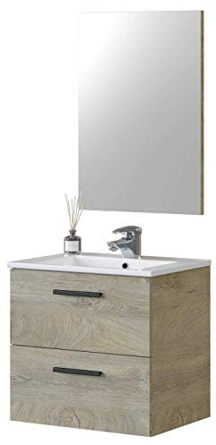 Miroytengo Mueble de Baño Aruba Estilo Natural en Color Roble Alaska con 2 Cajones + Espejo 57x60x45 cm (Lavabo Cerámico)