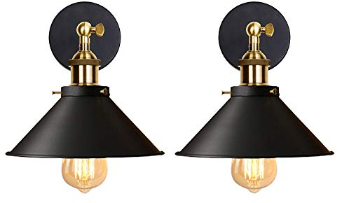 iDEGU 2 Stück Wandleuchte Industrielle Vintage Wandlampe Deckenleuchte Edison-Stil Metall Retro Lampe mit 180° Drehung E27 Fassung, 22 cm Lampenschirm (Schwarz)