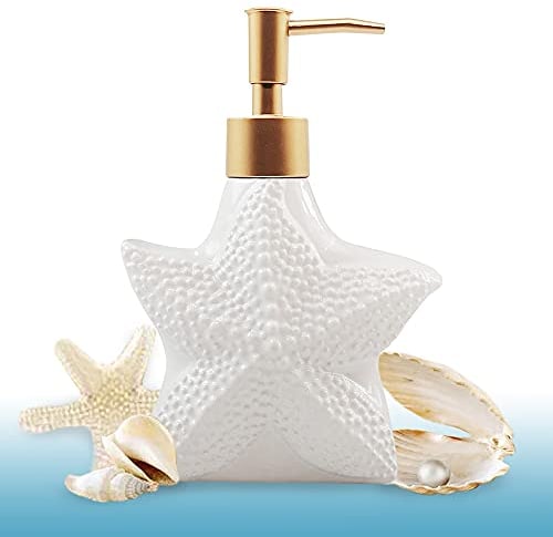 Starfish-Shaped Soap Dispenser, White Ceramic Lotion Bottle with Noble Golden Matte Pump, Ocean Themed Décor for Kitchen Sink or Bathroom