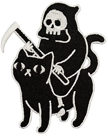 Urbanski Patch Death rides a black Cat der Tod reitet eine schwarze Katze Sensenmann Reaper zum Aufbügeln 8 x 6,2 cm | Aufnäher Applikation Bügelbild